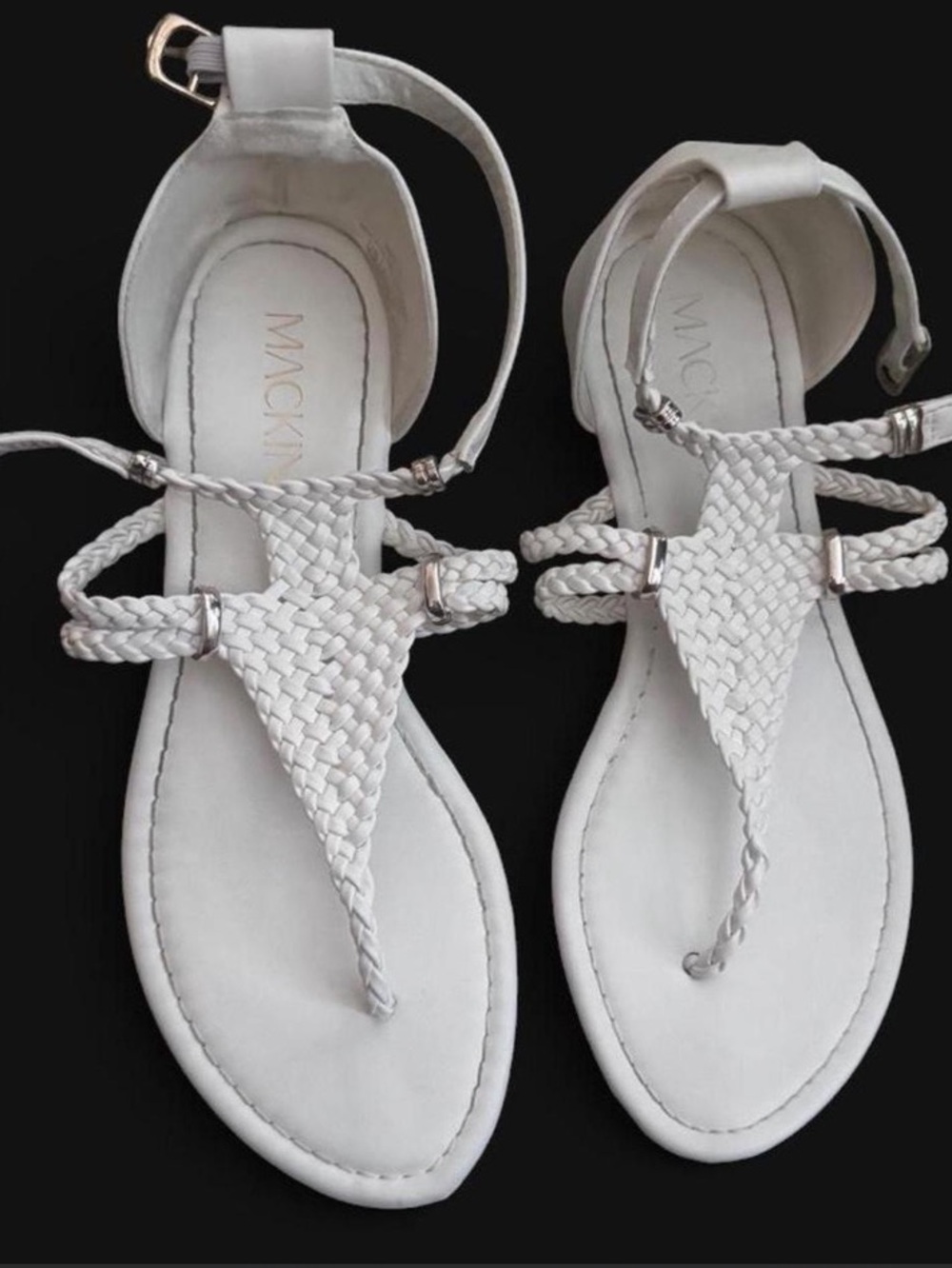 Mackin White Braided T-Strap Ankle Sandals